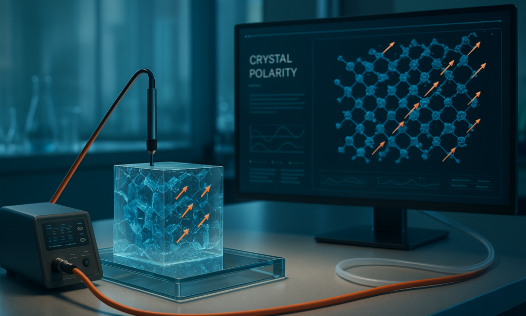 Photorealistic near-future laboratory scene showing a transparent biobased polymer sample connected to dielectric testing equipment, with a screen displaying a crystal structure and polarity vectors.