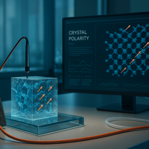 Photorealistic near-future laboratory scene showing a transparent biobased polymer sample connected to dielectric testing equipment, with a screen displaying a crystal structure and polarity vectors.