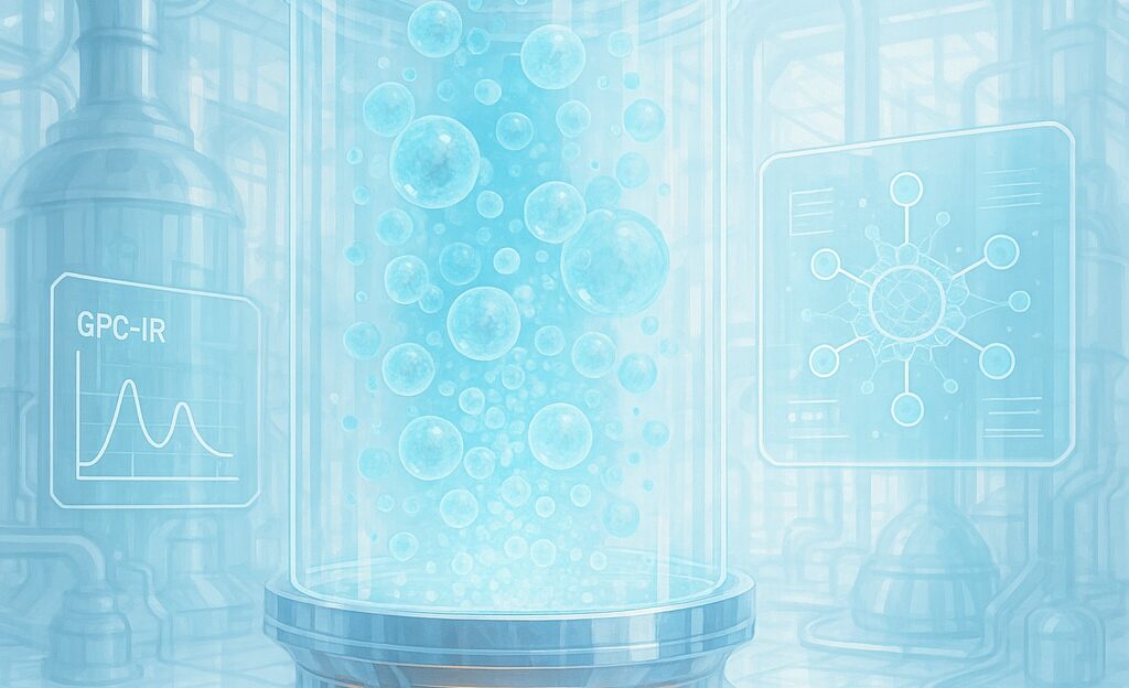 Futuristic visualisation of polymer fingerprinting: a glowing reactor chamber surrounded by molecular models and data flows, symbolising predictive fouling control.