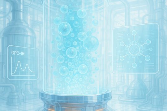 Futuristic visualisation of polymer fingerprinting: a glowing reactor chamber surrounded by molecular models and data flows, symbolising predictive fouling control.