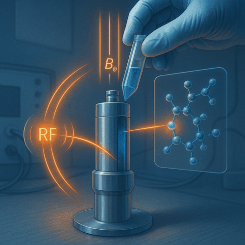 Futuristic lab setting showing solid-state NMR equipment analysing polymer–fibre interfaces with glowing molecular structures