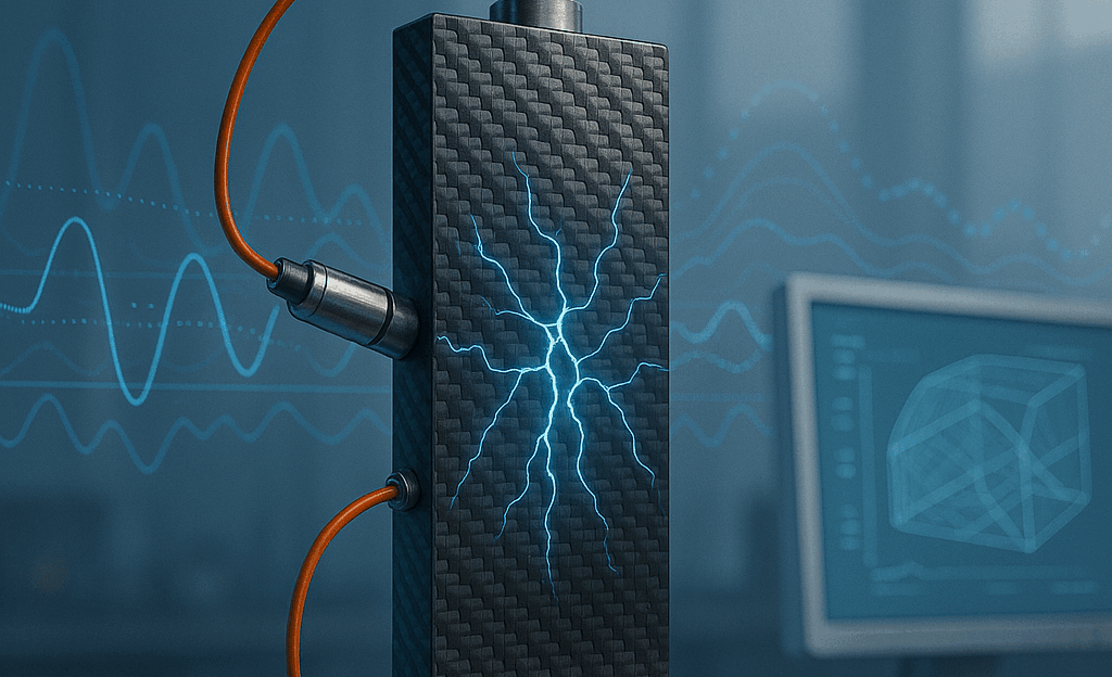 High-tech lab scene showing a fibre-reinforced composite sample with sensors and visualised internal crack detection using data-driven monitoring