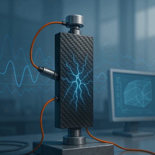 High-tech lab scene showing a fibre-reinforced composite sample with sensors and visualised internal crack detection using data-driven monitoring